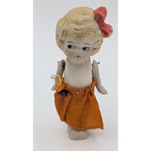 Vintage Bisque Jointed Dolls Made in Japan 1920s Flapper Style w/Red Bow 4"